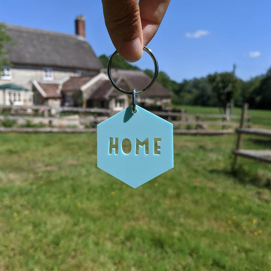 Mint 'HOME' keyring held in front of a countryside scene with a house and fields.