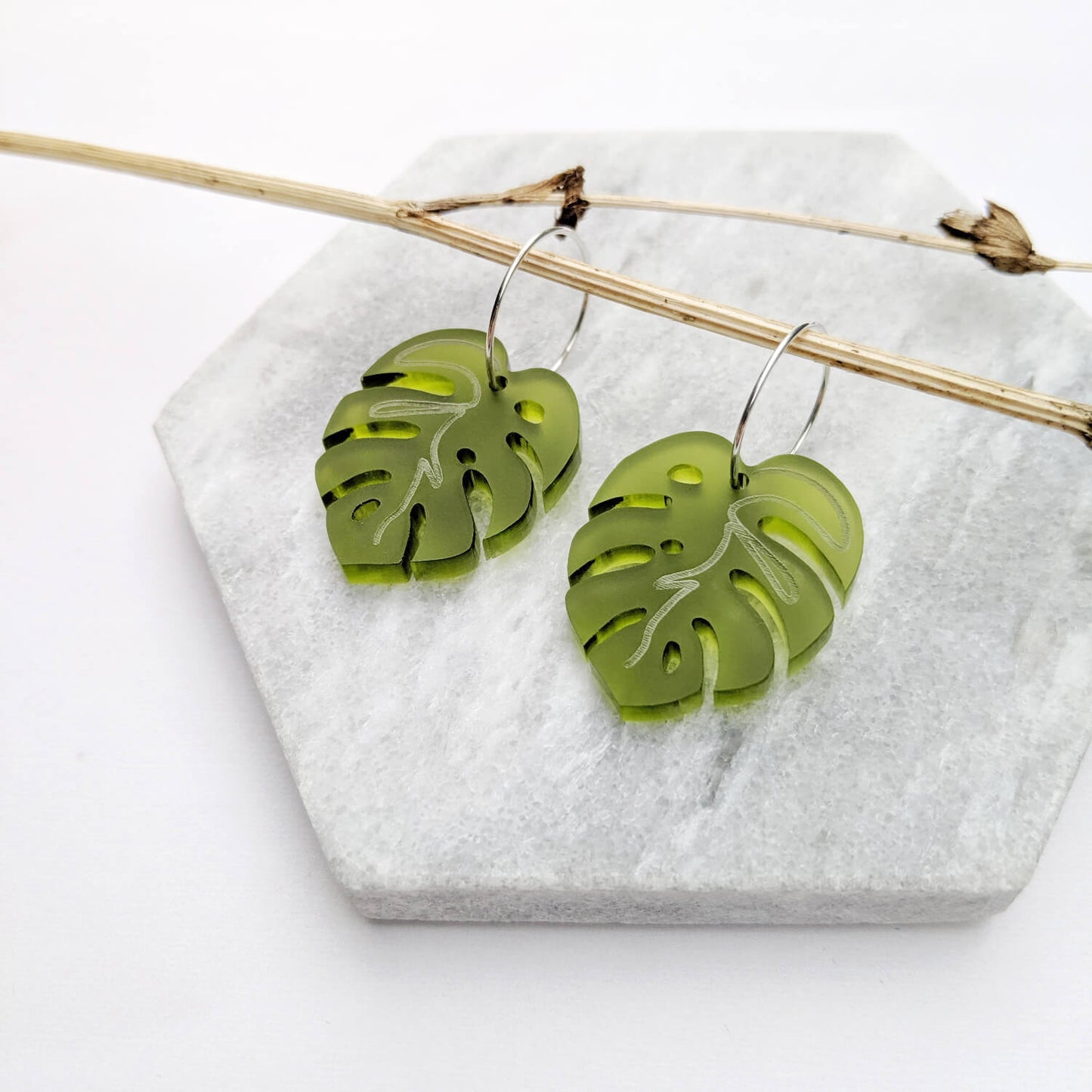 Green Monstera Hoop Earrings with fine silver hoops - The Moonlit Press