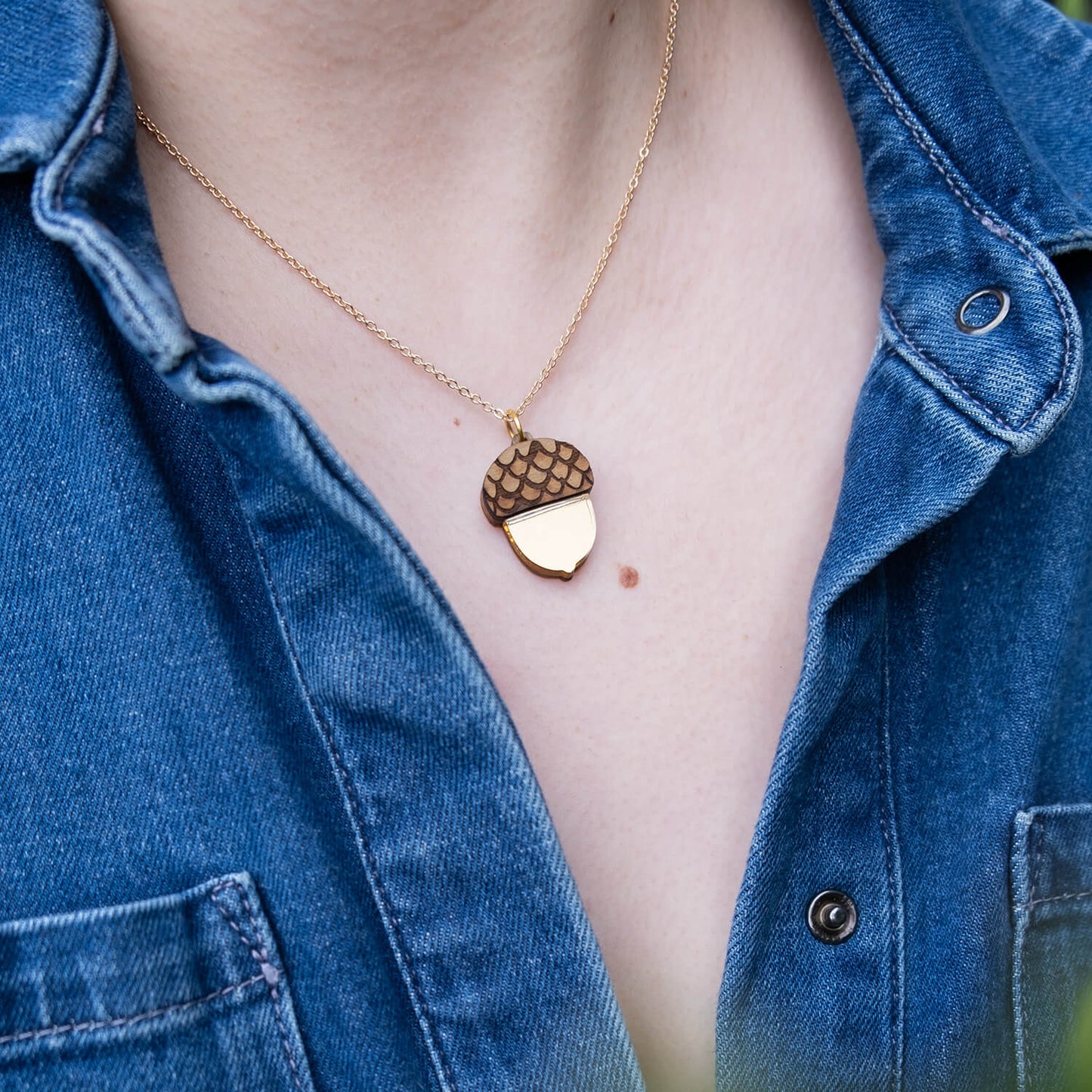 Gold Acorn Necklace worn with denim jumpsuit - The Moonlit Press UK