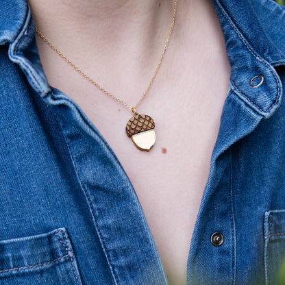 Gold Acorn Necklace worn with denim jumpsuit - The Moonlit Press UK