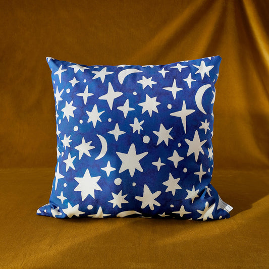 White and Blue Moon and Stars Cushion - The Moonlit Press