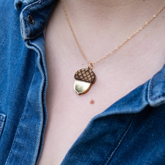 Gold Acorn Necklace worn on 18" gold chain - The Moonlit Press UK