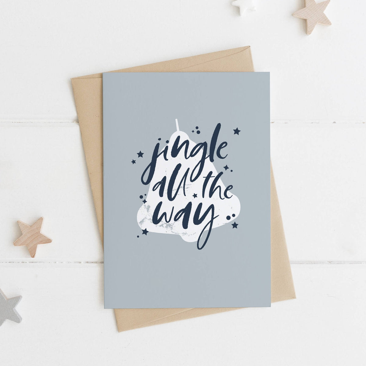 Jingle all the way Christmas card with bell illustration