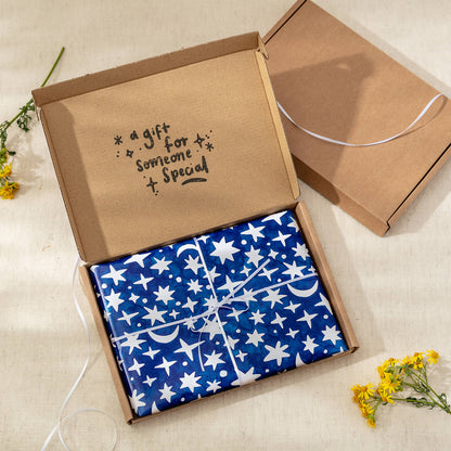 Letterbox Tea Towel Gift Wrapped in Celestial Paper and White Ribbon - The Moonlit Press