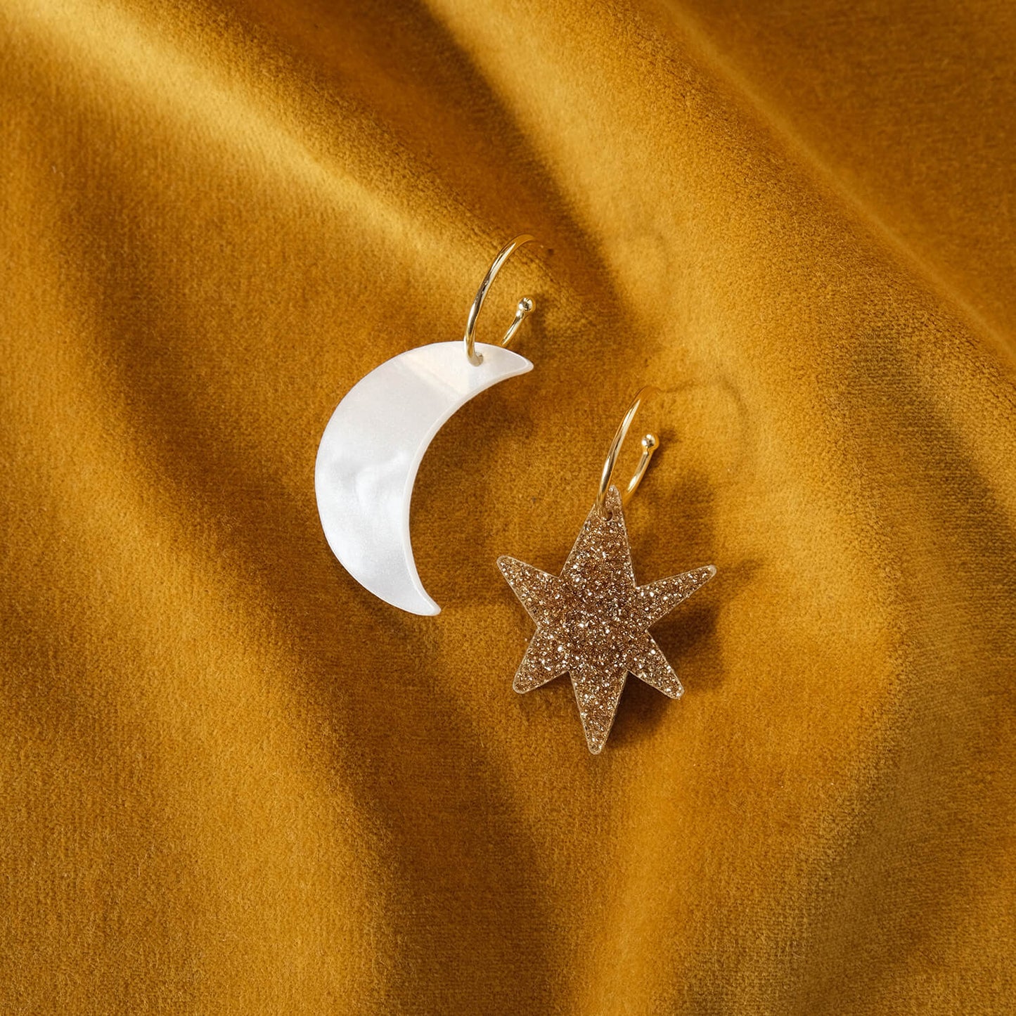 Mismatch Moon and Star Hoop Earrings on gold vermeil hoops - The Moonlit Press UK