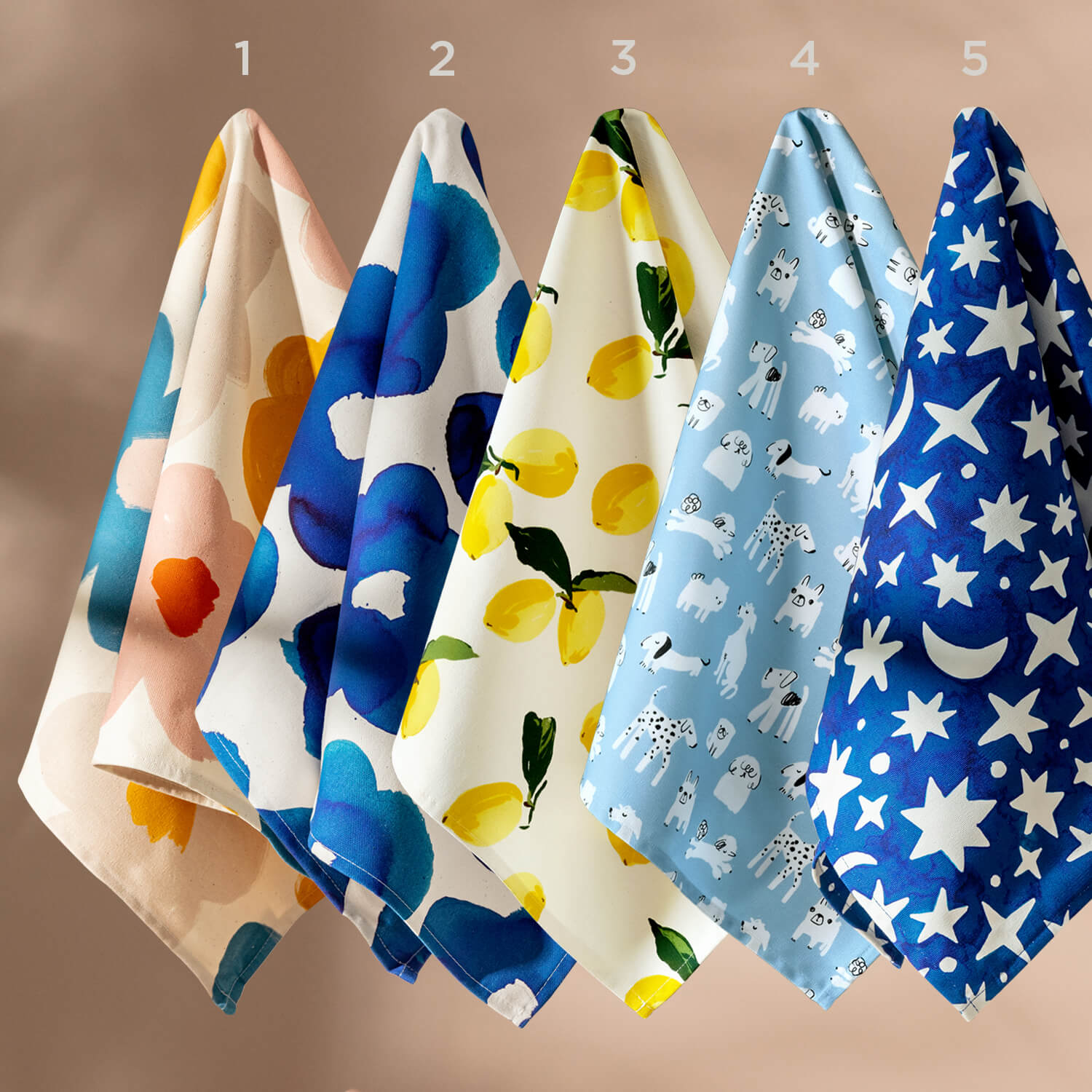 Tea Towel Designs - Floral, Blue Floral, Lemon, Dogs and Stars for the Happy New Home Letterbox Gift