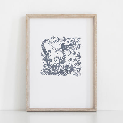 Woodland Ferns and Bird Print