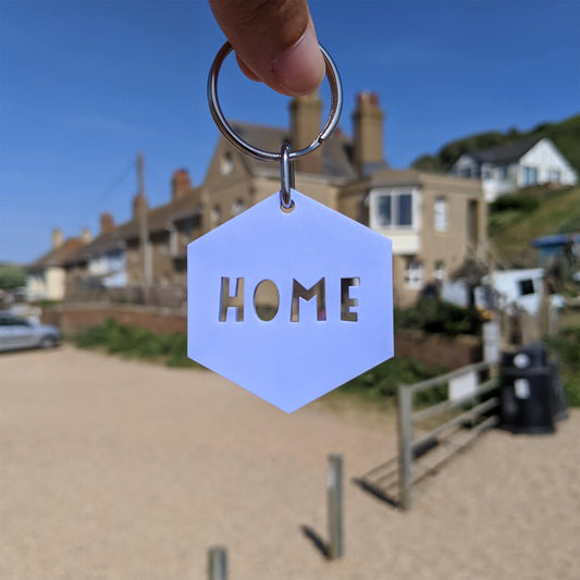 Purple Hexagonal keyring with 'HOME' text held up against a blurred beach scene with houses.
