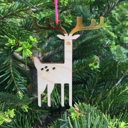 Scandi Wooden Deer Christmas Decoration with Gold Foil Antlers