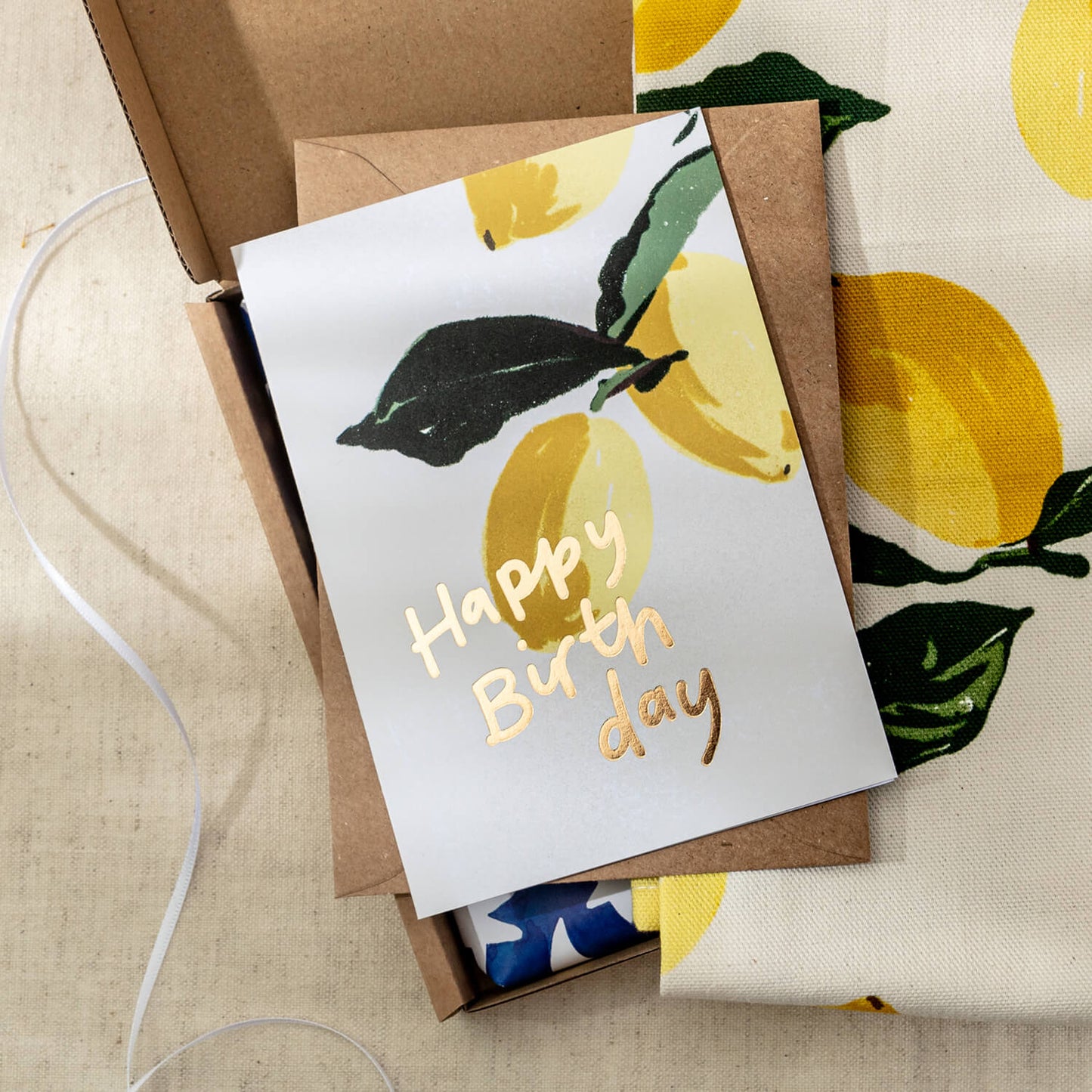 Summer Lemons Happy Birthday Card and matching lemon tea towel