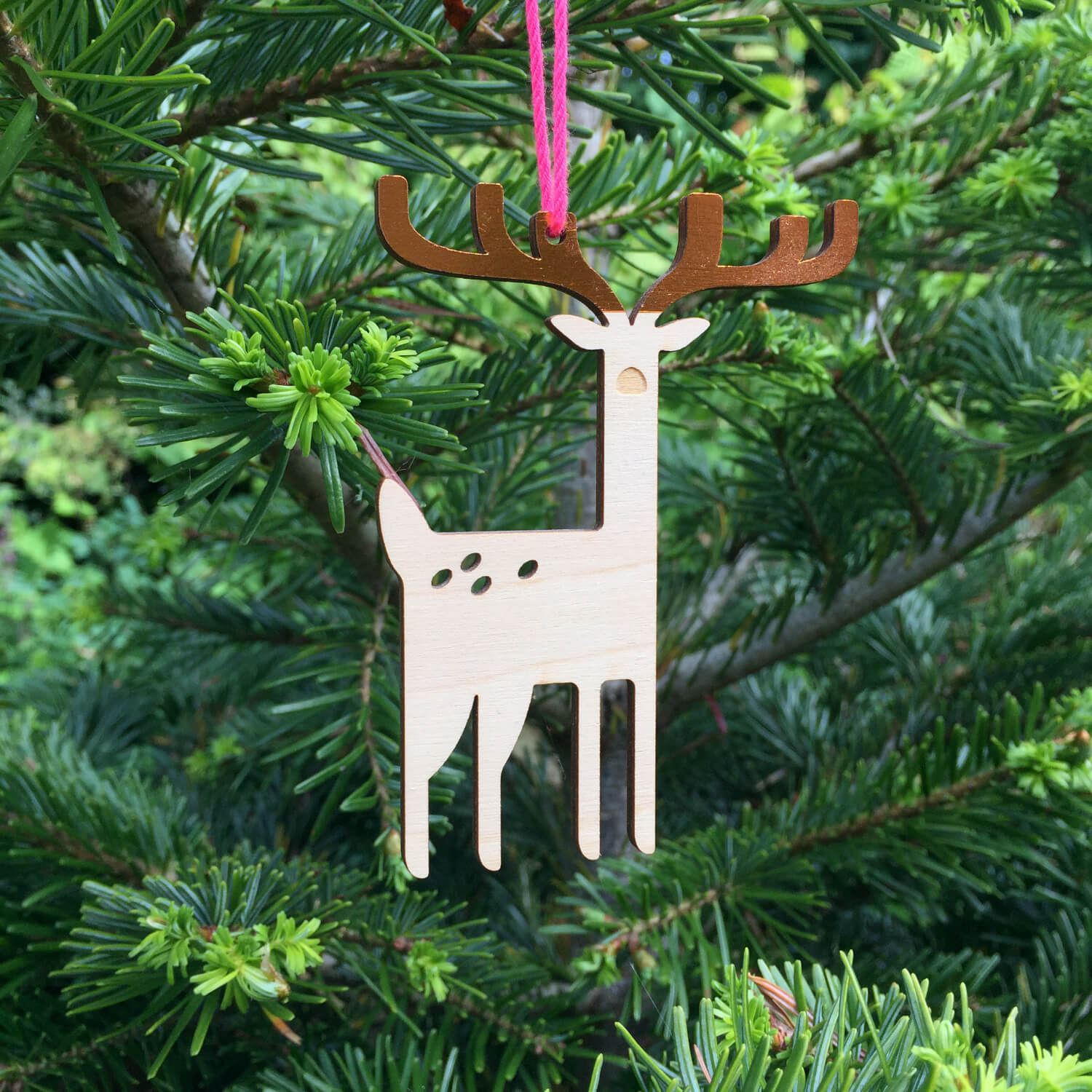 Hanging Wooden Deer Christmas Decoration with Copper Antlers