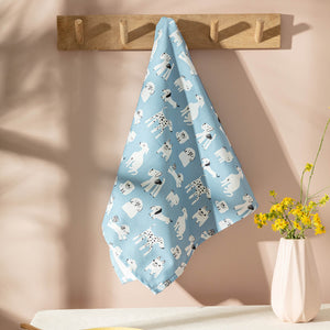 Blue Dog Tea Towel hanging in pink kitchen - The Moonlit Press UK