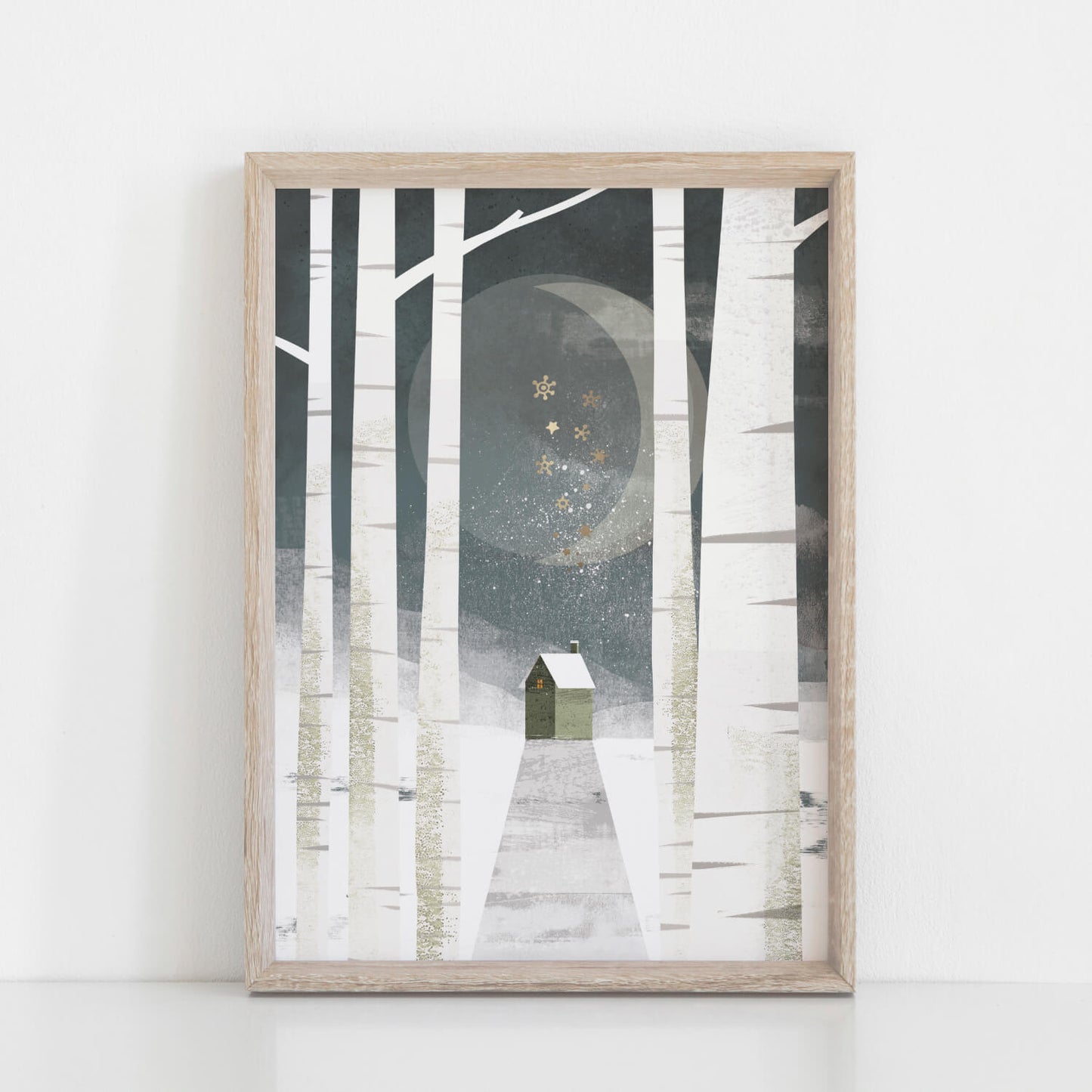 House Under The Moon and Stars between White Birch Tree Forest Illustration.