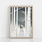 Load image into Gallery viewer, House Under The Moon and Stars between White Birch Tree Forest Illustration.

