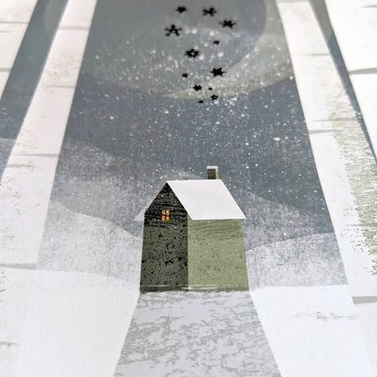 Log Cabin in Snowy Forest Print Detail
