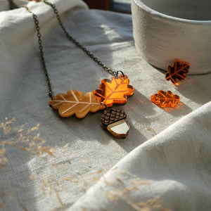 Oak Leaf and Acorn Necklace in Orange - The Moonlit Press