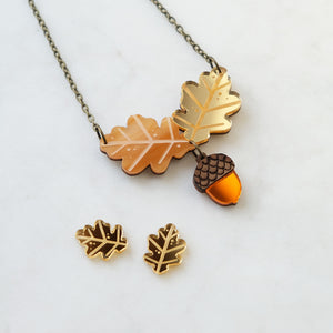 Oak Leaf and Acorn Necklace and Gold Stud Earrings - The Moonlit Press