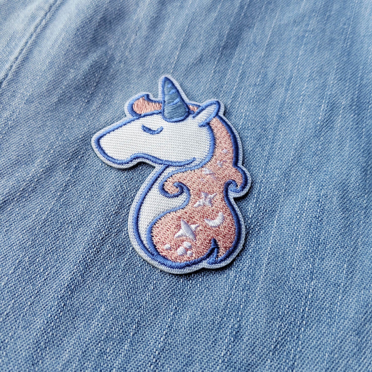 Pink Unicorn Iron On Patch on Denim Jacket - The Moonlit Press UK