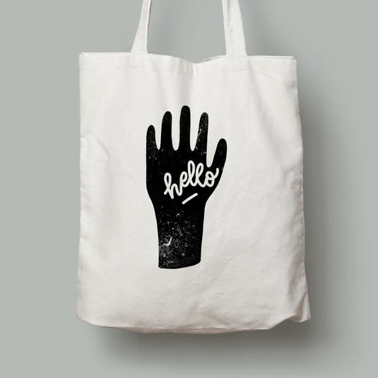 eco friendly hello tote bag screen printed in black