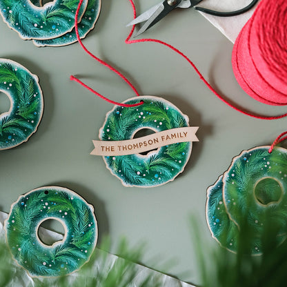 Handmade wreath Christmas decorations personalised with the family name