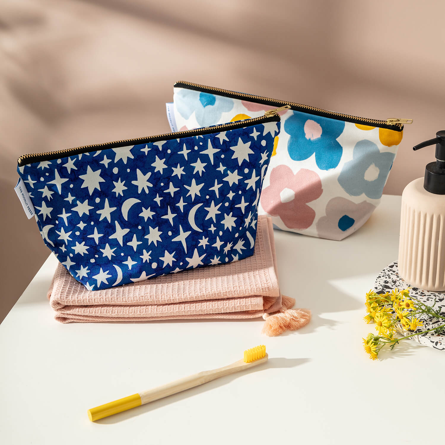 Large Moon and Stars Wash Bag in Pink Bathroom- The Moonlit Press