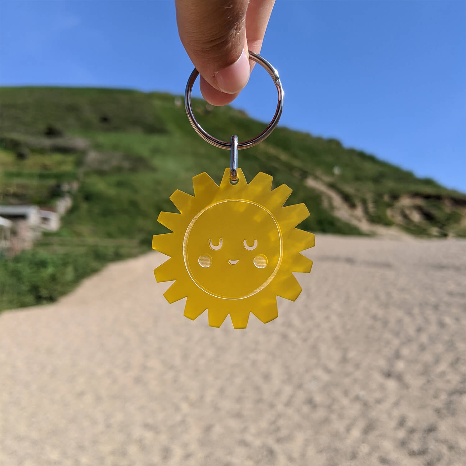 Yellow Sun Keyring with laser engraved happy face